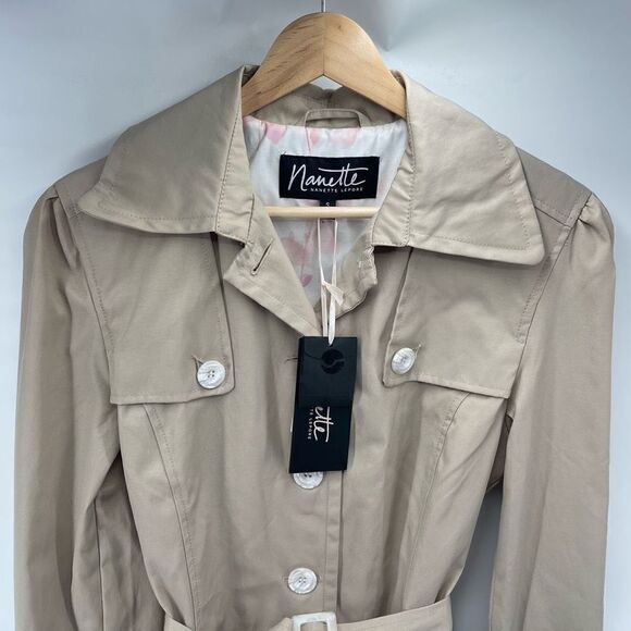Nanette Lepore Trench Coat Big Button Up Single Breasted Tan Belted Small NEW - Picture 6 of 12